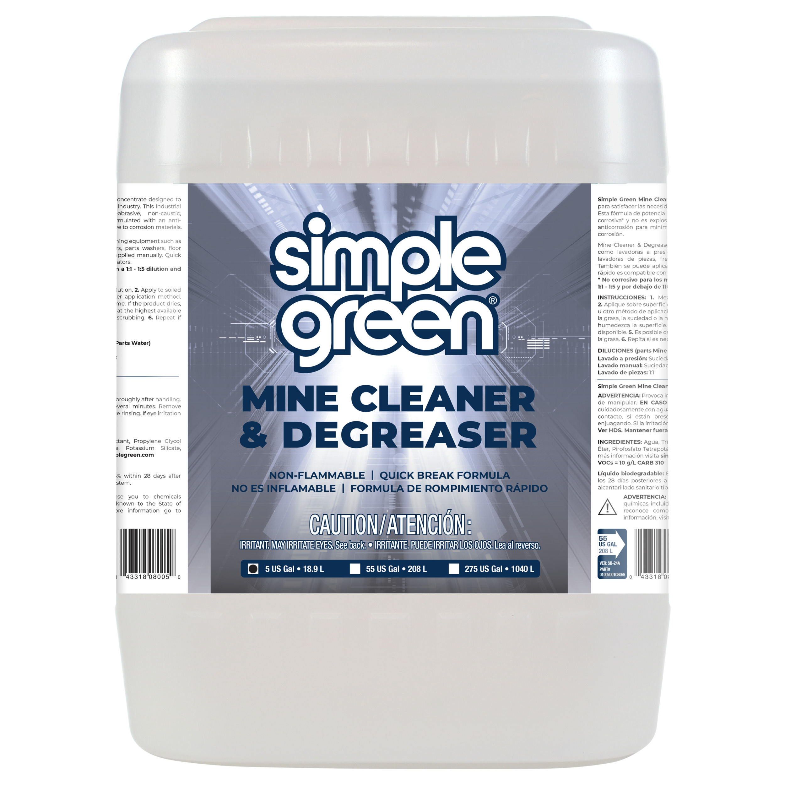 Bidon de 5 galones de limpiador industrial Simple Green Mine Cleaner & Degreaser. Ideal para la limpieza profunda de maquinaria pesada y superficies industriales. Limpiador desengrasante industrial, mantenimiento industrial, Simple Green."